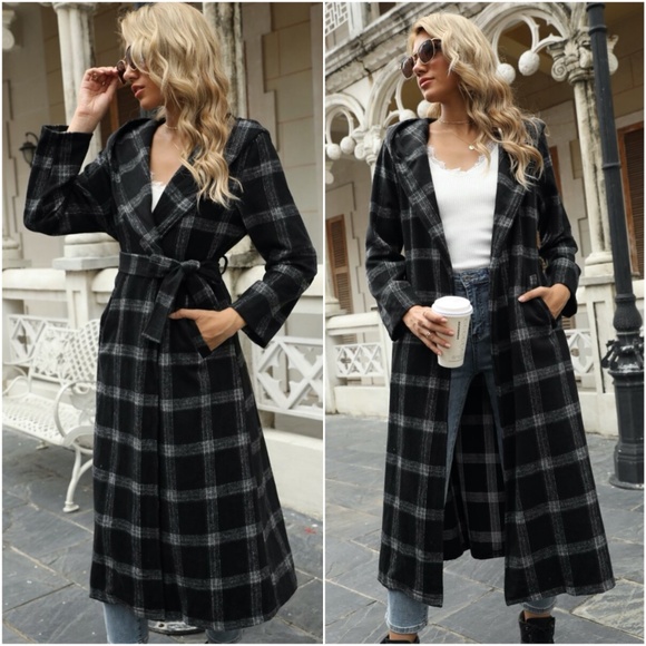 Jackets & Blazers - Black belted plaid collar pocket trench pea coat